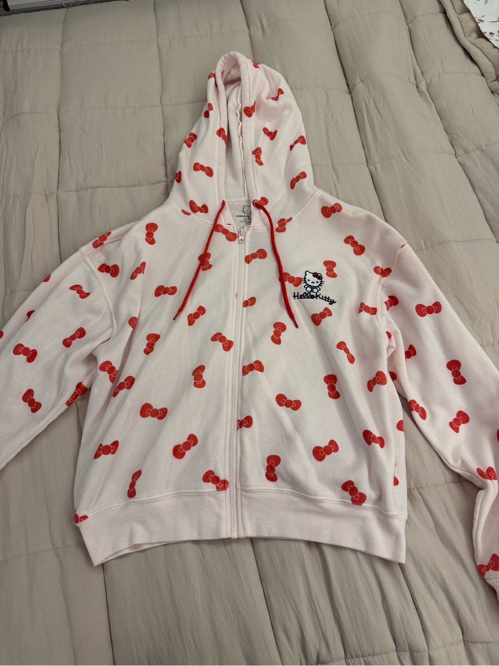 Hello Kitty Light Pink Hoodie with Red Bow Print Zip-Up